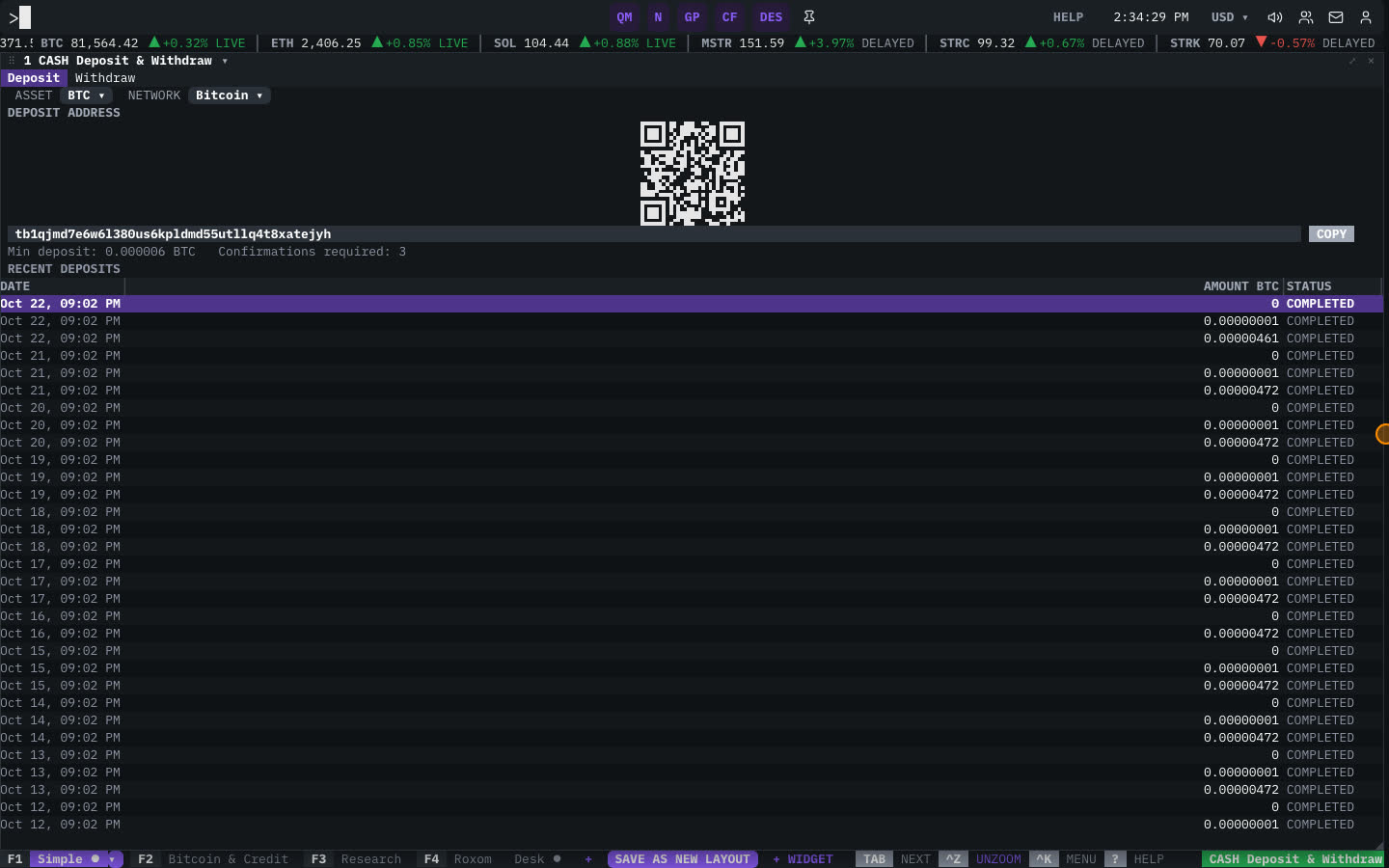 The CASH window showing a deposit address and QR code.