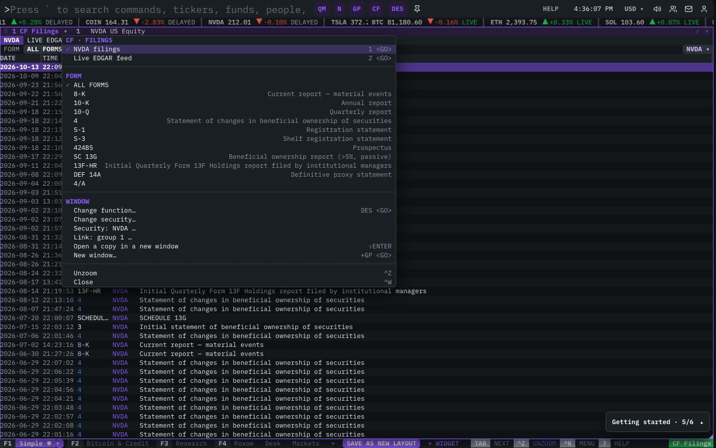 The CF Filings window menu open