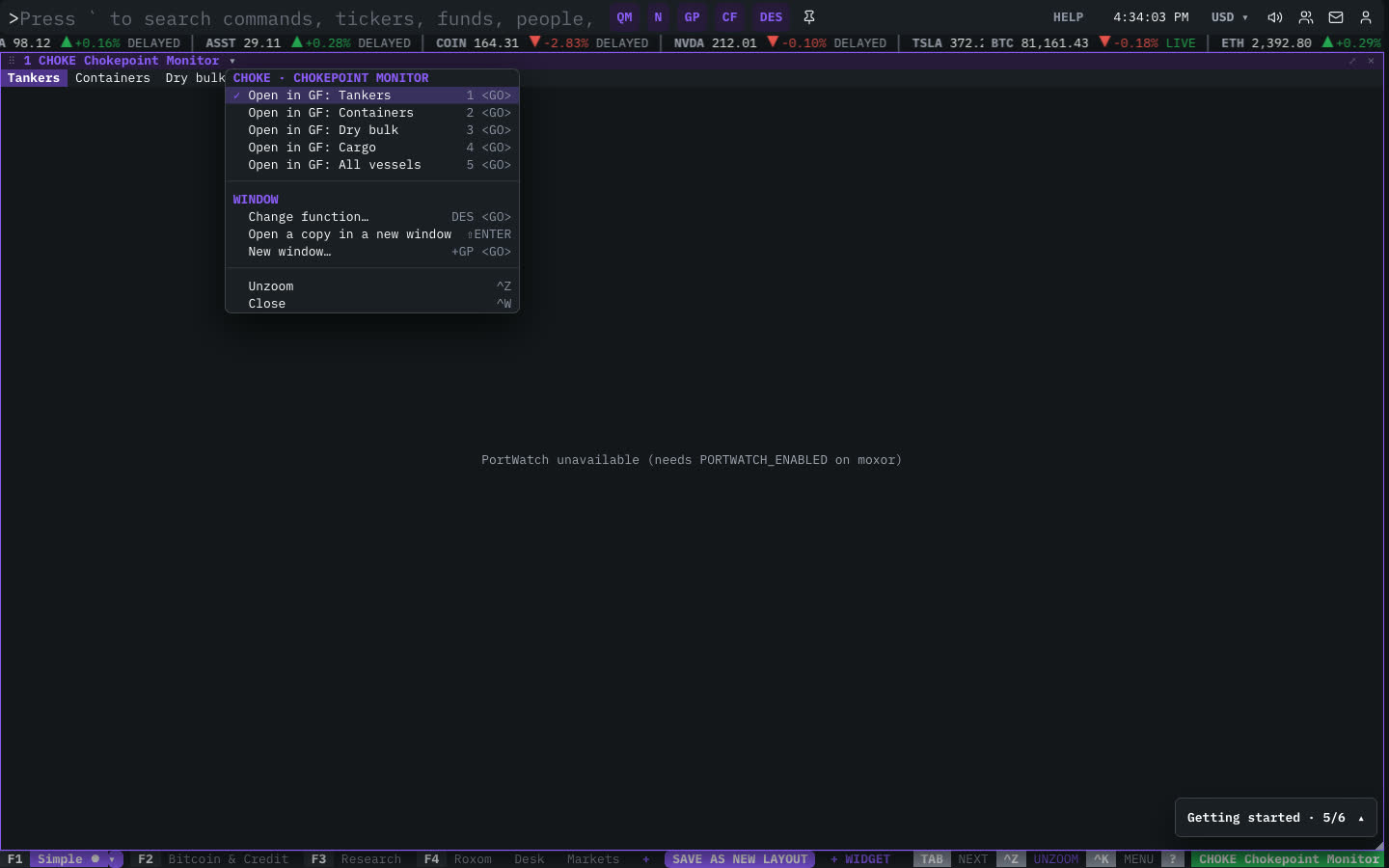 The CHOKE Chokepoint Monitor window menu open