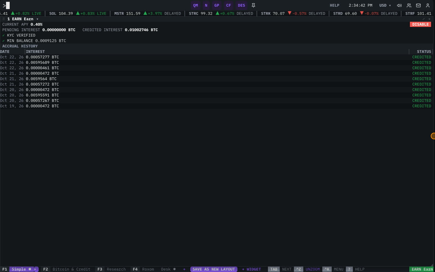 The EARN window.