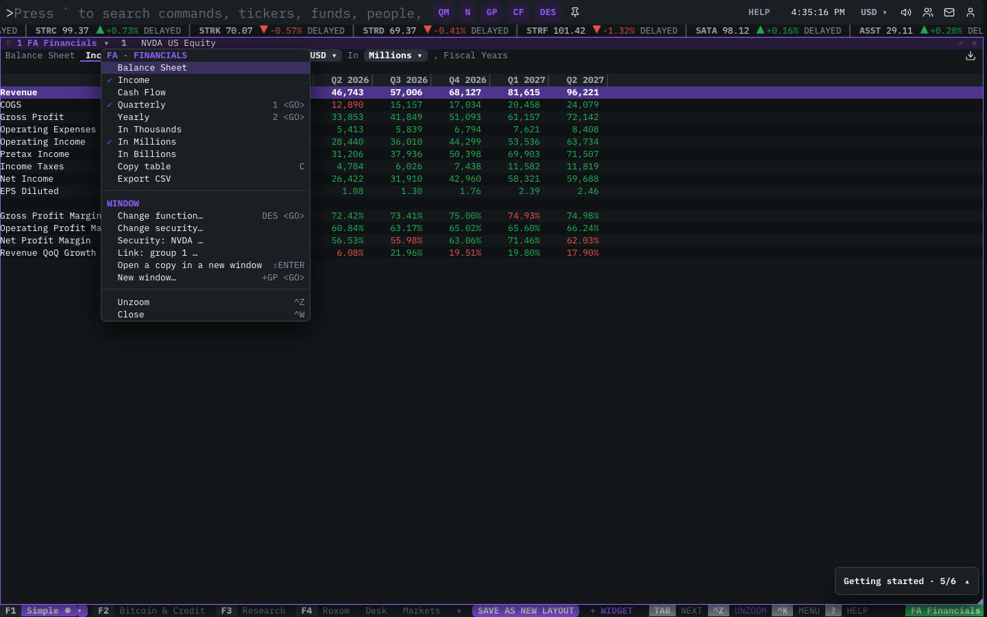The FA Financials window menu open