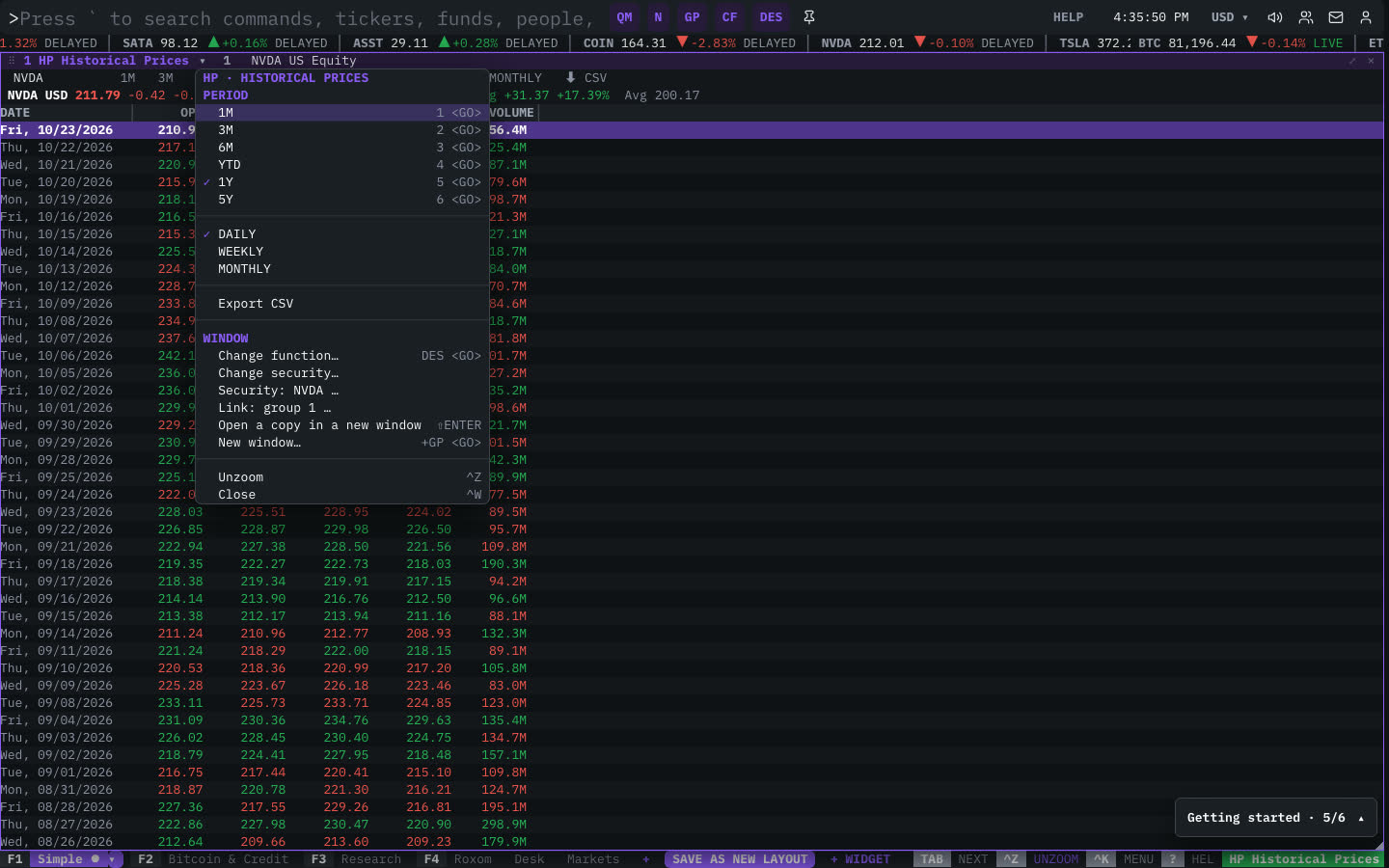 The HP Historical Prices window menu open