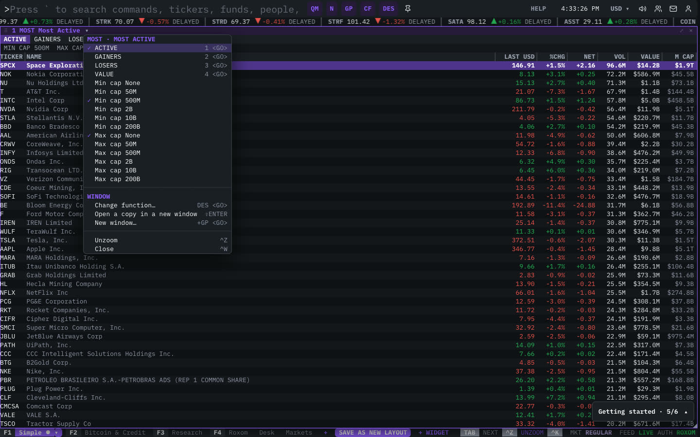The MOST Most Active window menu open