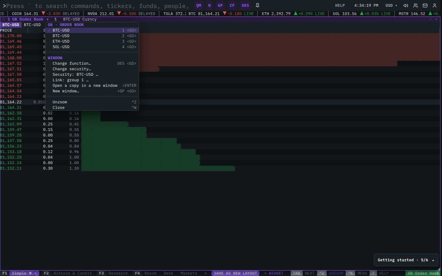 The OB Order Book window menu open