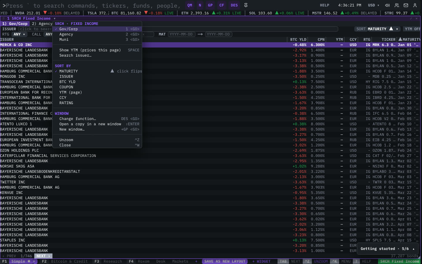 The SRCH Fixed Income window menu open